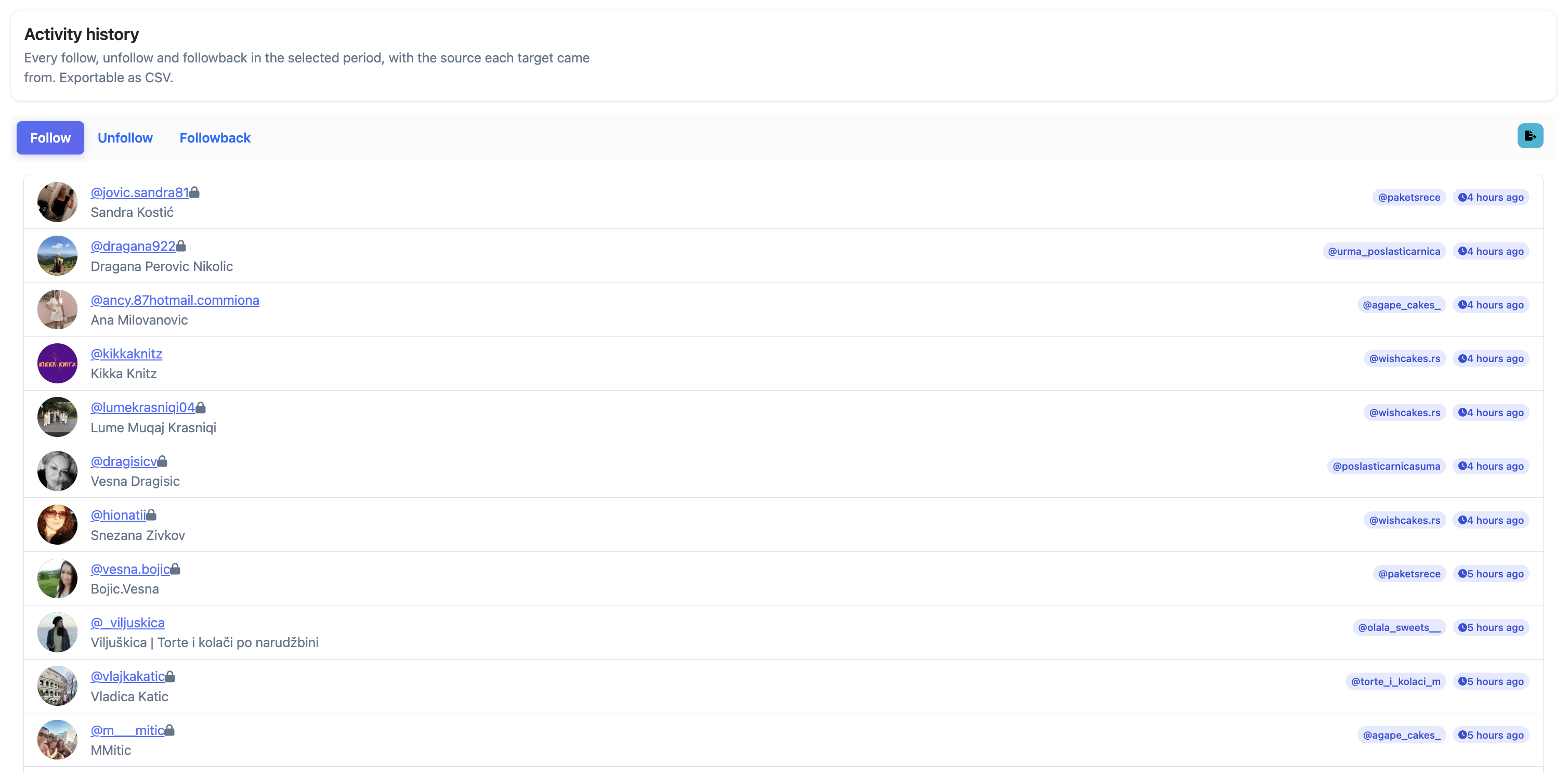 Activity history page showing the Follow tab with username, source account, and time for each entry