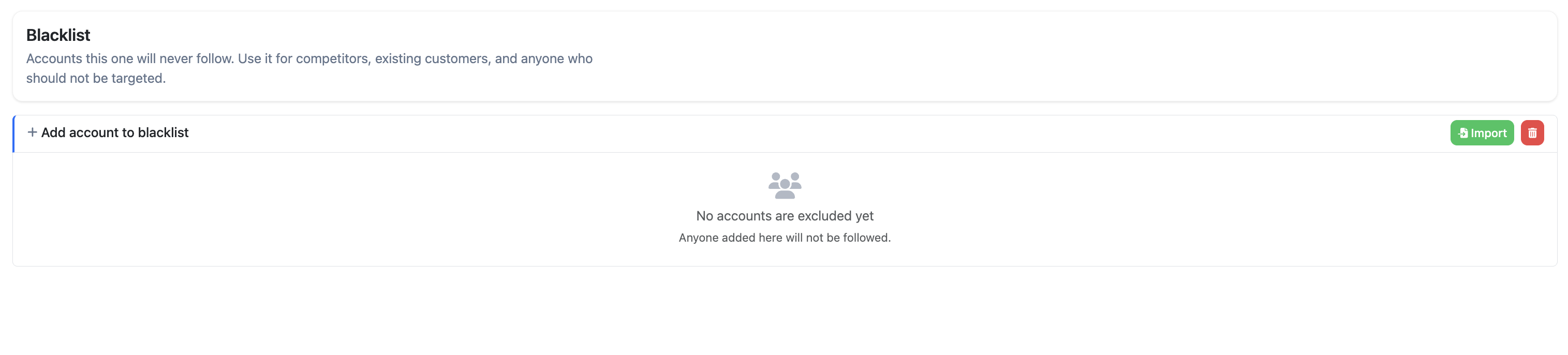 Blacklist panel in empty state with Import button and Add account field
