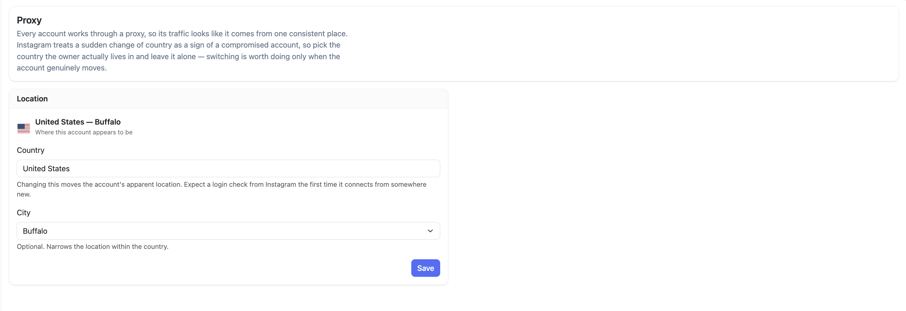 Proxy settings showing current location as United States — Buffalo, with Country and City dropdowns and a Save button