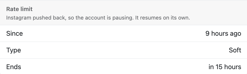 Rate limit widget showing Since, Type (Soft), and Ends countdown