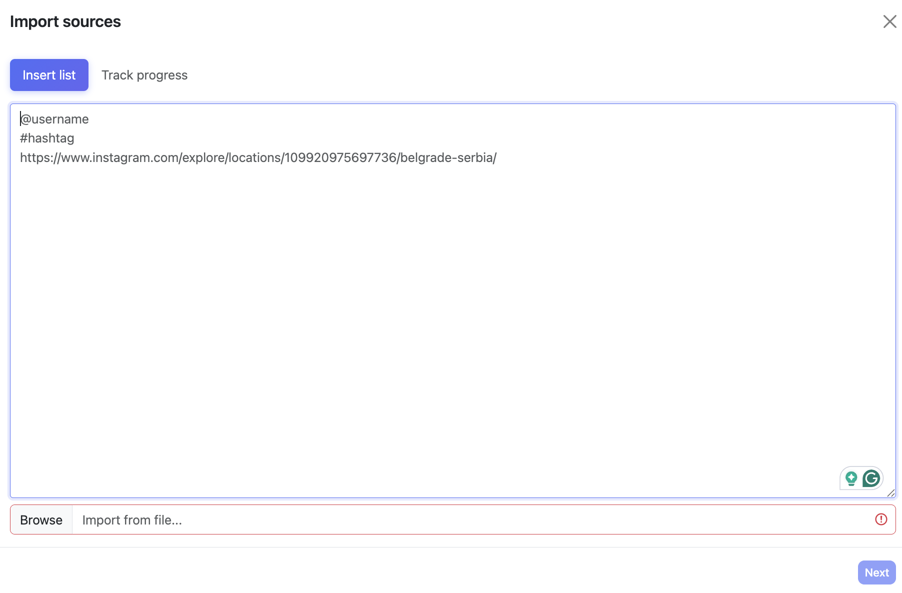Import sources modal showing username input and file browse option