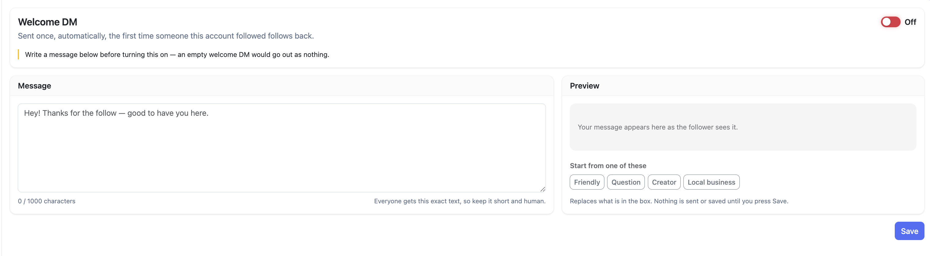 Welcome DM settings showing message textarea, preview panel, and template starters