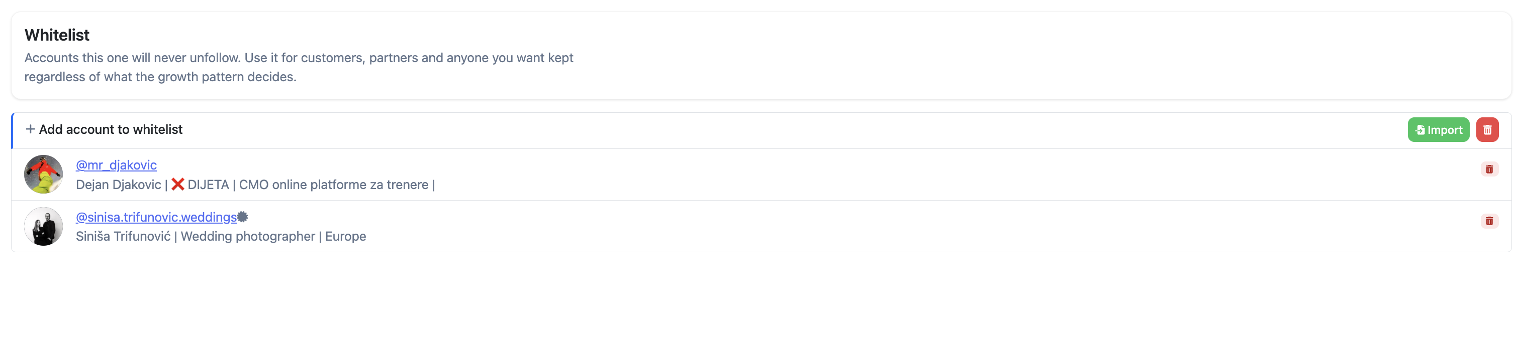 Whitelist panel showing whitelisted accounts with Import button and per-entry remove icons